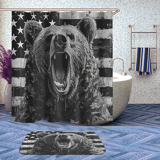 4 Pcs Country Bear Shower Curtain Set with Non-Slip Rugs, Toilet Lid Cover and Bath Mat, Rustic Hunting Camo American Flag Black and White Bathroom Shower Curtain with 12 Hooks Accessories Decorative