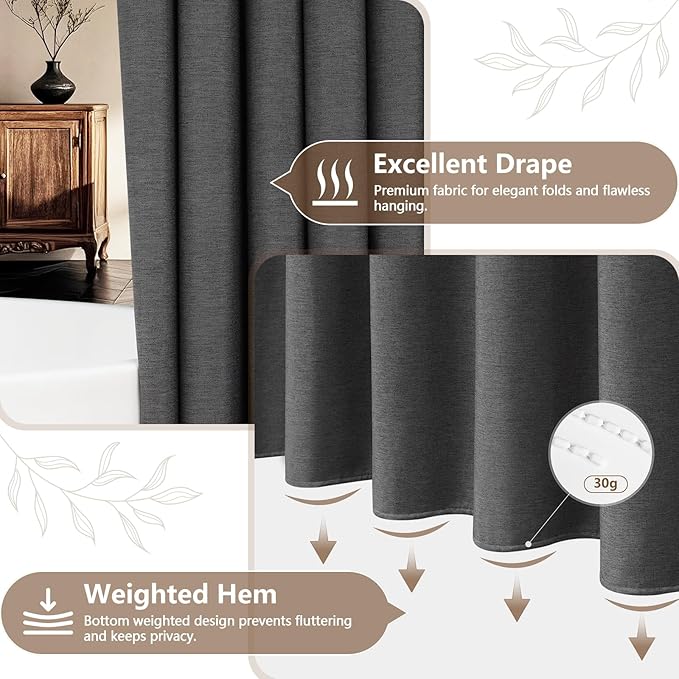 Rustic Country Linen Look Shower Curtain Charcoal Grey Extra Long 72 x 78 Inch, Heavyweight Faux Linen Fabric Shower Curtain Water-Resistant, Dark Gray Hotel Bathroom Curtain Washable