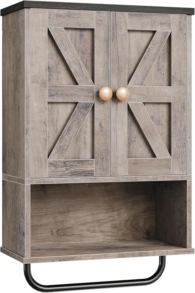CHOEZON Bathroom Wall Cabinet, Medicine Cabinet with Open Partition and Towel Bar, Rustic Storage Cabinet with Open and Hidden Storage Space, for Bathroom, Living Room, Greige and Charcoal Black