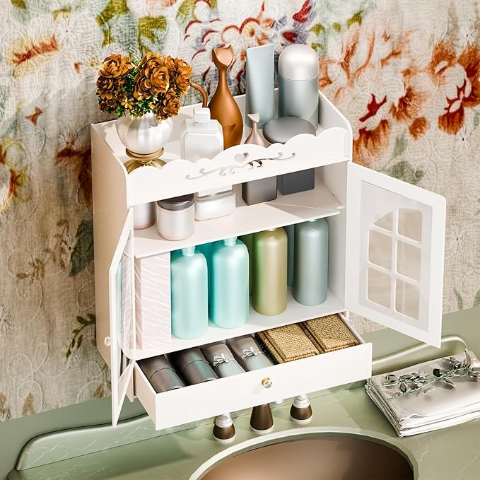 Wall-Mounted Bathroom Cabinet, Punch-Free Bathroom Storage Organizer with Hollow Flower Carving, Bathroom Wall Shelf Bathroom Storage Cabinet with 2 Doors & Drawer, Ideal for Cosmetics Toile