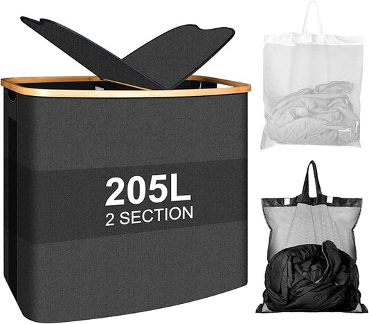 Large Laundry Hamper with Lid 205L,Collapsible 2-Section Dirty Clothes Basket Organizer for Bathroom, Bedroom & Laundry Room - Waterproof, Easy Sort, Foldable Storage Solution