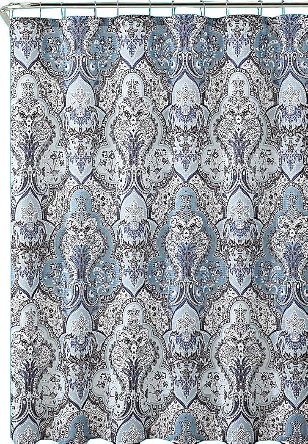 Decorative Blue & Silver Grey Gray Boho Fabric Shower Curtain, Modern Farmhouse for Vintage Rustic Bathroom Decor, Floral Victorian, 72 x 72