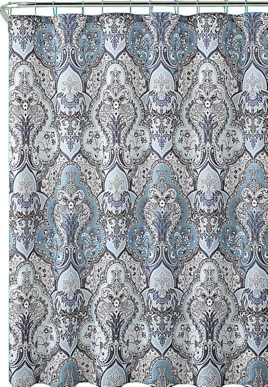 Decorative Blue & Silver Grey Gray Boho Fabric Shower Curtain, Modern Farmhouse for Vintage Rustic Bathroom Decor, Floral Victorian, 72 x 72
