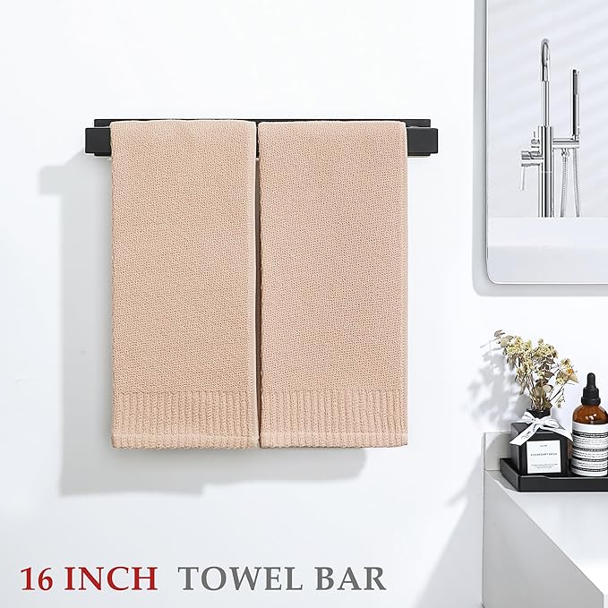 Alise Bathroom Towel Bar, 16 Inch Matte Black Towel Racks for Bathroom and Lavatory, SUS304 Stainless Steel Hand Towel Holder Towel Rail,Wall Mount with Self-Adhesive or Screw-in,GJZ5040-B