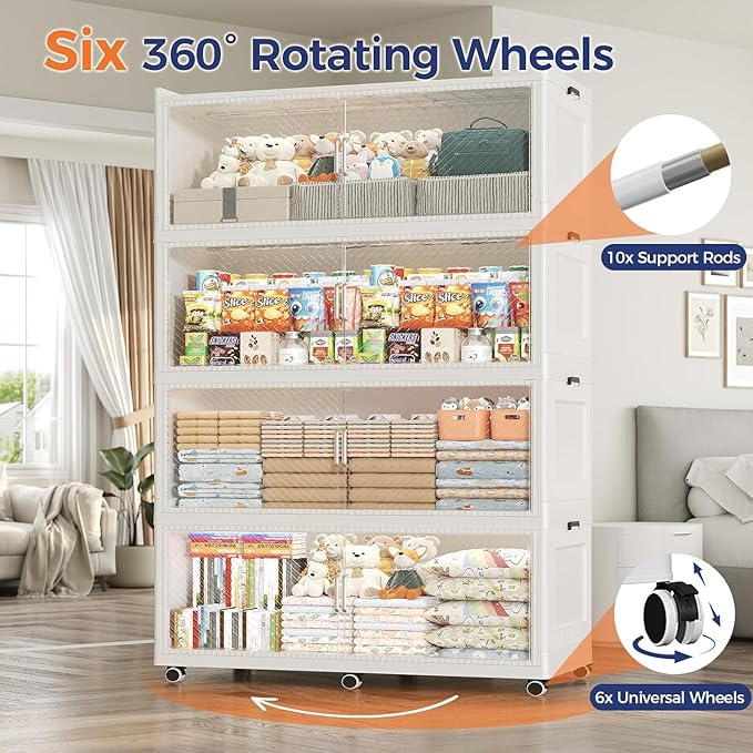 320Gal Extra Large Stackable Storage Bins with Lid, 1280Qt Collapsible Storage Box with Wheels, Closet Organizers and Storage Cabinet Container for Home, Kitchen, Office, 4Pack White Clear