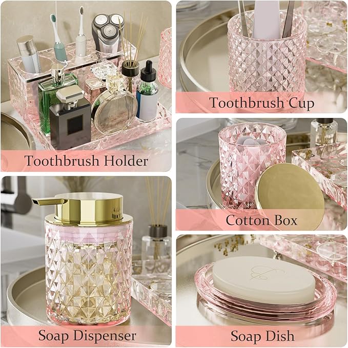 Glass Bathroom Accessories Set 5Pcs Crystal - Foaming Soap Dispenser, Soap Dish, Cup, Acrylic Toothbrush Holder with Tray Organizer, Qtip Jar, Bathroom Counter Set Sink Decor (Pink)
