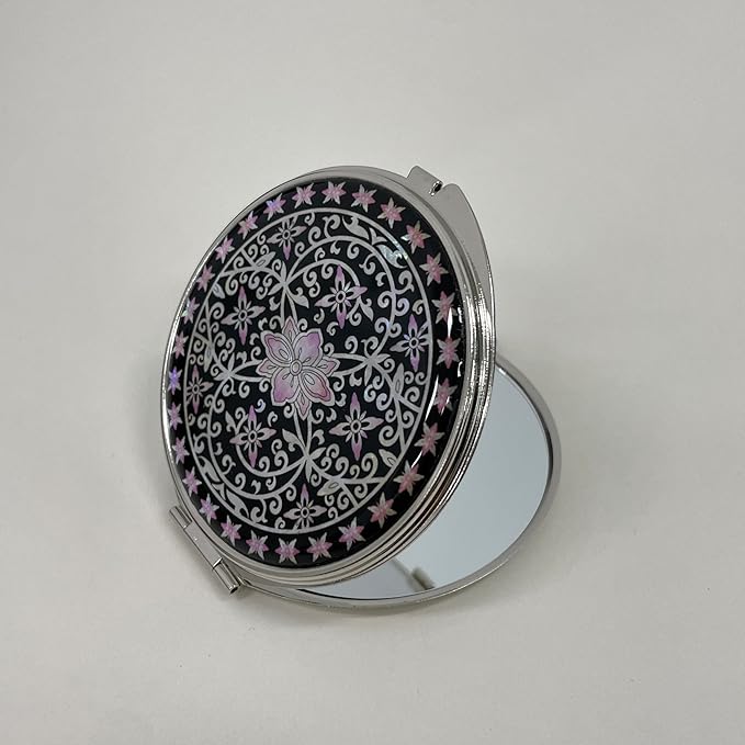 Portable Makeup Compact Double Magnifying Mirror Cosmestic Foldable Pocket Style Unique Mother of Pearl Design (Ivy)