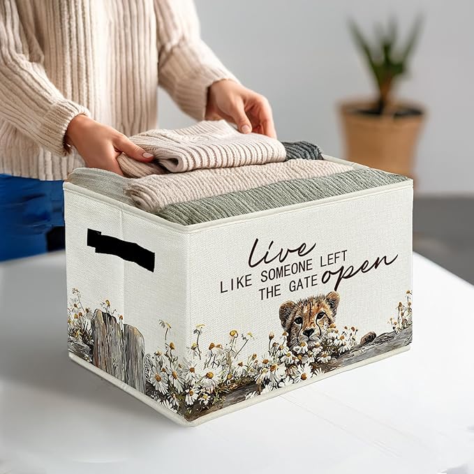 Rustic Cheetah Storage Bins & Boxes with Handles, Farmhouse Leopard Foldable Basket for Organizing, Live Like Someone Left the Gate Open Collapsible Storage Basket for Bedroom Bathroom Clothes