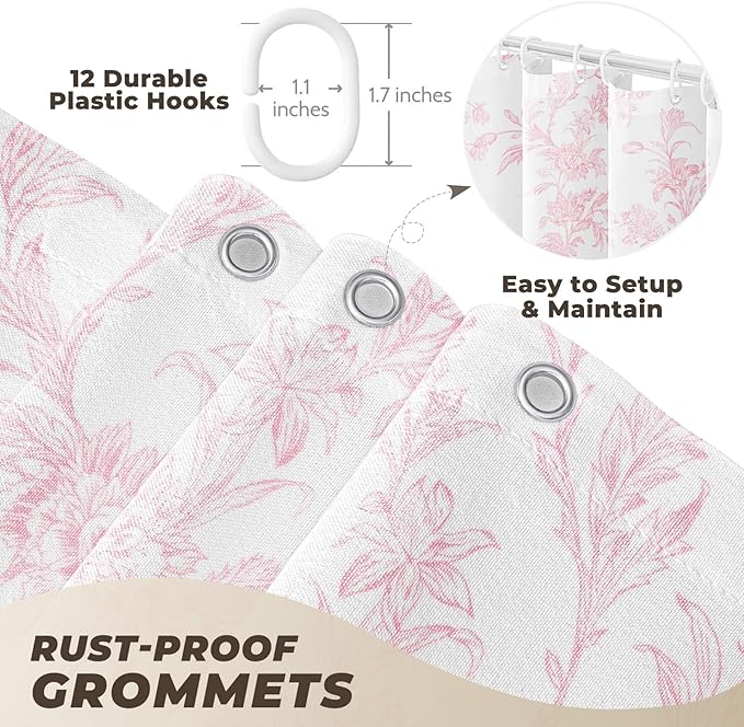 Pink Floral Shower Curtain, Vintage Cotton Linen Cottagecore Shower Curtains for Bathroom
