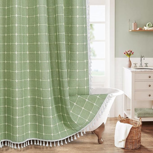 MitoVilla Long Shower Curtain Set 72 x 78, Boho Farmhouse 78 inch Long Polyester Linen Tassel Ultra Thick Heavy Duty Fabric Shower Curtains for Cottagecore French Rustic Bathroom Decor, Sage Green