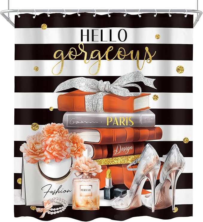 Cinbloo 4Pcs Black and Orange Shower Curtain Set, Burnt Orange Fashion Flower Perfume High Heels Books Bathroom Curtain with Rug, Toilet Lid Cover, Bath Mat, Women Girl Shower Curtain with 12 Hooks