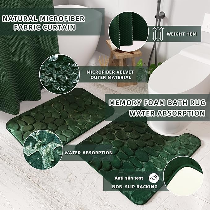 XLHOMO Bathroom Accessory Set - 25PC Green Bathroom Sets, Bathroom Set with Shower Curtain and Rugs, Dark Green Shower Curtain Set, Trash Can, Qtip Holder & Soap Dispenser