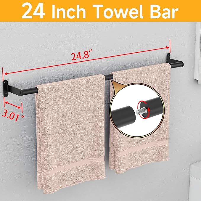 Towel Bar for Bathroom Wall, Black 24 Inch Single Towel Bar Rods for Bathroom, Stainless Steel Heavy Duty Towel Racks for Bathroom Wall Mounted