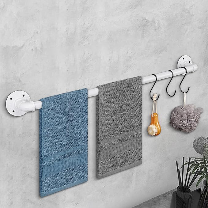 Industrial Pipe Towel Rack Towel Bar, Heavy Duty Wall Mounted Rustic Farmhouse Bath Towel Holder for Bathroom (White, 28 inch)