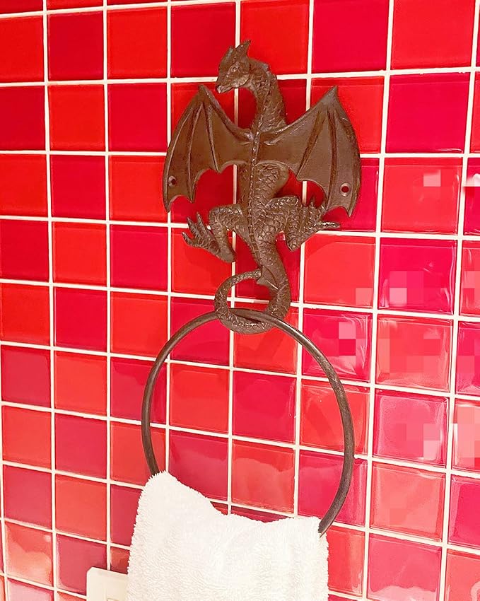 Cast Iron Gothic Dragon Towel Ring, Wall Mounted Medieval Accessories for Bathroom