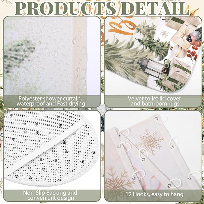 FuWeave 8 Pcs Christmas Shower Curtain Set Xmas Santa Bathroom Decoration Christmas Tree Hand Towels Snowman Toilet Lid Cover Bathroom Rugs Xmas Shower Curtain with Hooks (Vintage Style)