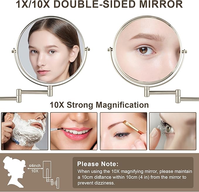 JANEEVA 8" Wall Mounted Makeup Mirror, 10X Magnifying Mirror with 360 Extendable Arm - Double Sided Vanity Mirror for Bathroom (Brushed Nickel)