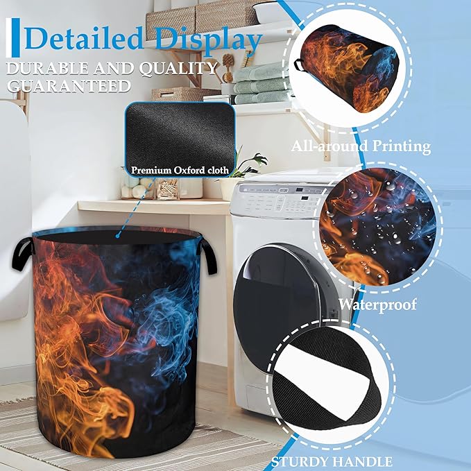 Red Blue Fire Laundry Basket Collapsible Laundry Hamper, Oxford Cloth Storage Bin for Room/Bathroom/Bedroom/Dormitories 16" X 20.8"
