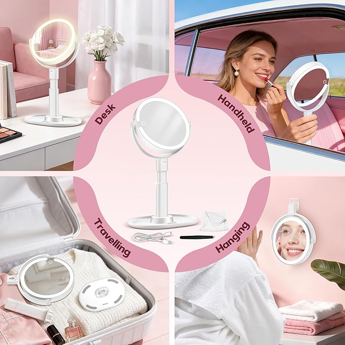 MOMOKUBA Makeup Mirror with Lights, 30X Magnifying & Height Adjustable, Lighted Magnifying Mirror with 3 Light Modes and Stepless Dimming, Vanity Mirrors for Bathroom, Birthday Gift for Women, White
