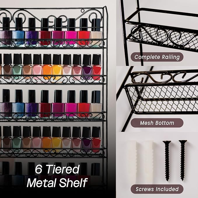 PANA Professional Wall-Mounted BLACK Metal Frame Nail Polish Display Rack Organizer - Holds Up to 100 Bottles - Perfect for Gift Home Salon Office Use