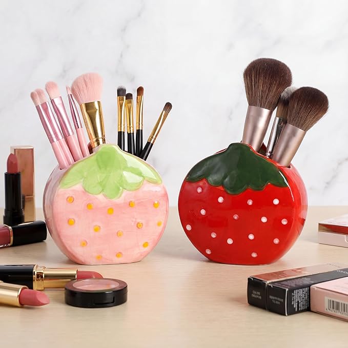 Okllen Set of 2 Ceramic Cute Makeup Brush Holders, Kawaii Strawberry Pen Holder Pink&Red for Desk, Cute Office Home Vanity Decor, Gift for Women Girls