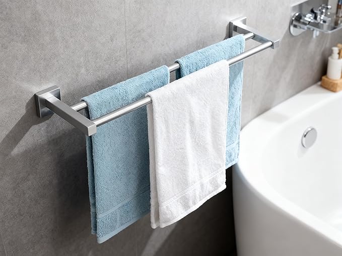Double Towel Bar for Bathroom Wall, 24 Inch Double Towel Racks for Bathroom Wall Mounted, Heavy Duty Bathroom Towel Holder Stainless Steel Towel Rod, Brushed Nickel