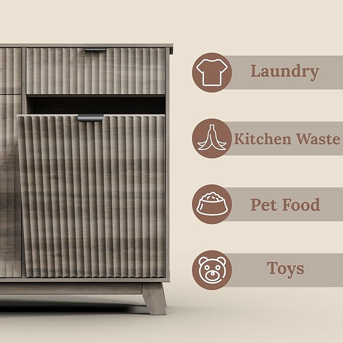 Double Tilt Out Laundry Hamper Cabinet, 20 Gallon Wooden Trash Can Cabinet with Storage Drawers, Hidden Fluted Garbage Can Holder for Kitchen, Living Room (Wood Grey, 39.34"W x 35.83"H x 13"D)