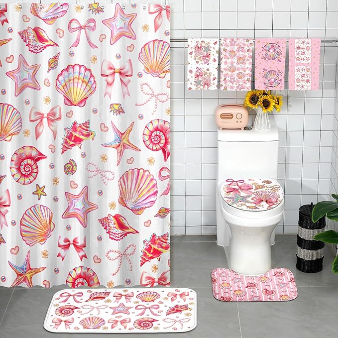 Tatuo 8 Pcs Beach Shower Curtain Set Blue Bow Ocean Summer Beach Party Bathroom Accessories Sets Coquette Starfish Coastal Waterproof Shower Curtain with Towels Carpet Bath Mat Toilet Rugs 12 Hooks