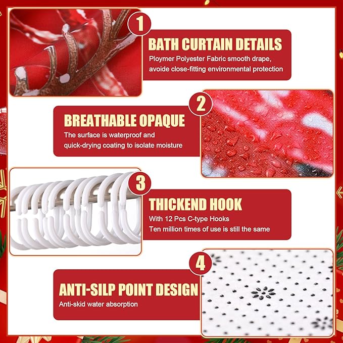 Nuanchu 6 Pcs Christmas Shower Curtain Set with Rug Bathroom Sets with Shower Curtain Bath Mat U Shaped Mat Toilet Lid Cover 2 Bath Towels and 12 Hooks Red Christmas Snowman Bathroom Decor