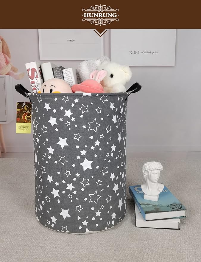 HUNRUNG Laundry Hamper,Large Canvas Fabric Lightweight Storage Basket Toy Organizer Dirty Clothes Collapsible Waterproof for College Dorms, Children Bedroom,Bathroom???Round star???