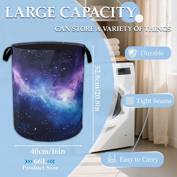 Purple Galaxy Laundry Basket Collapsible Laundry Hamper with Handle, Oxford Clothes Toy Storage Bin for Bathroom Bedroom Room Decor, Gift Basket 16" X 20.8"