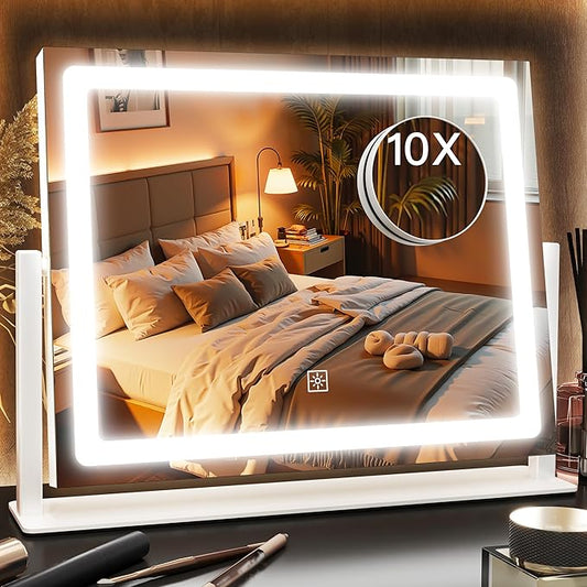 12" x16" Vanity Mirror with Lights, LED Makeup Mirror with Lights,10X Magnification Mirror with 360°Rotation, 3 Color Modes＆ Dimmable, LED Mirror for Desk, Travel, White