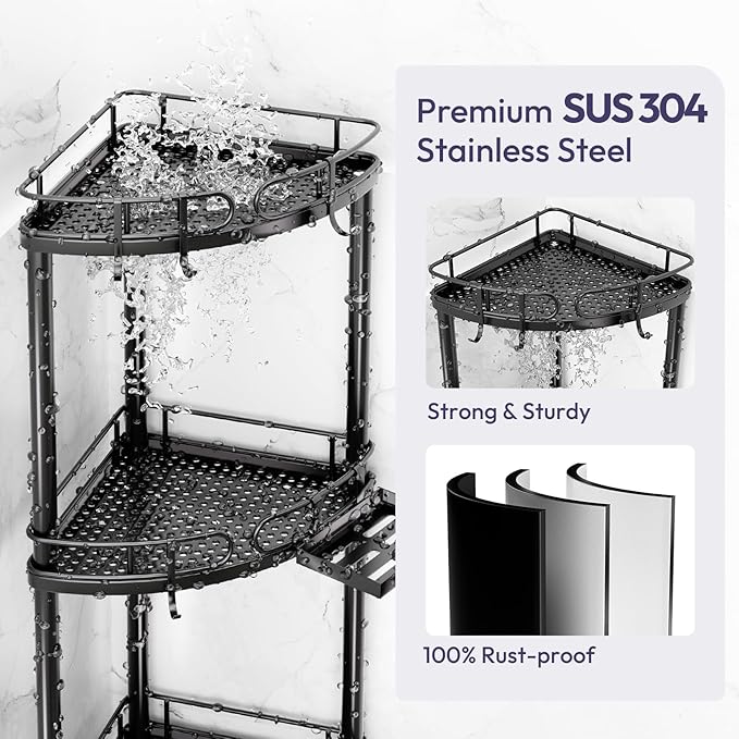 SWTYMIKI Corner Shower Caddy Standing - 4 Tier Stainless Steel Shower Organizer Stand with 4 Hooks & Soap Holder, Rustproof Metal Standing Tall Floor Shower Shelf and Bathroom Organizer, Black