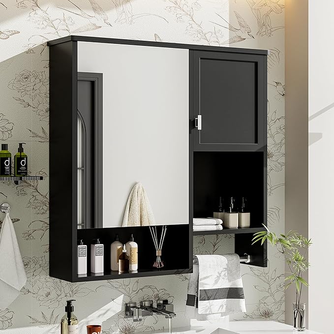 Merax Medicine Cabinet for Bathroom, Wall Mount Bathroom Cabinet with Mirror, Open Shelf, and Towel Bar, 29.5" W x 28.7" H Over The Toilet Mirrored Bath Wall Cabinet