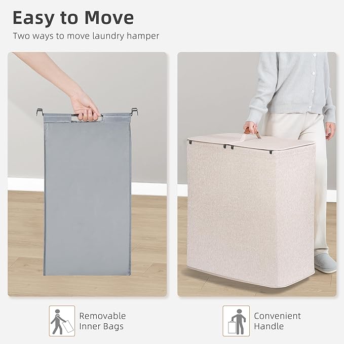 STORAGE MANIAC Double Laundry Hamper, 136L Laundry Sorter with Lid and Removable Bags, Clothes Hamper, Large 2 Section Clothes Basket with Handles for Small Space, Dorm, Closet, Bathroom, Beige