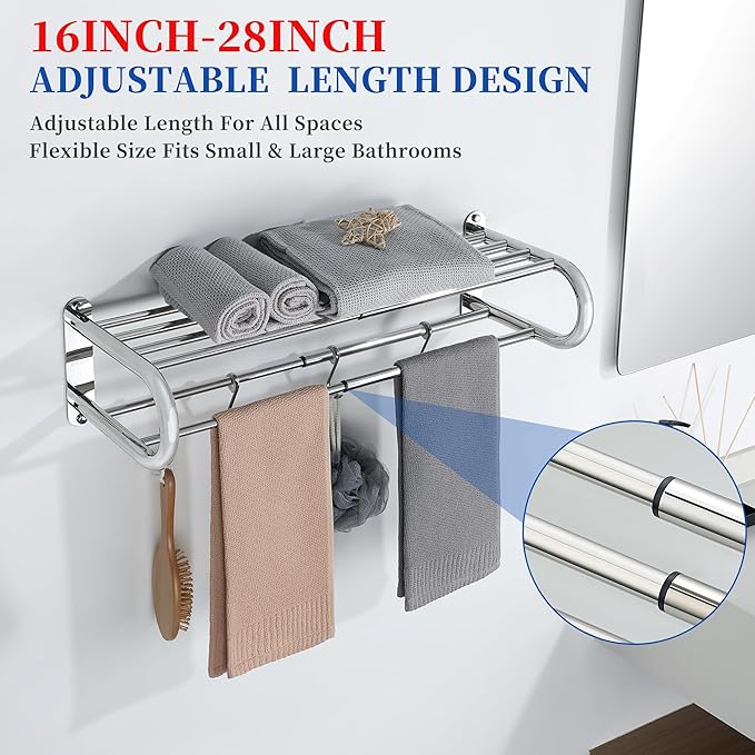 Alise Adjustable 16-28 Inches Double Towel Rack for Bathroom,Wall Mount Double Towel Racks,SUS304 Stainless Steel Towel Holder,Retractable Towel Shelf with 2 Towel Bars 4 Movable Hooks,Chrome