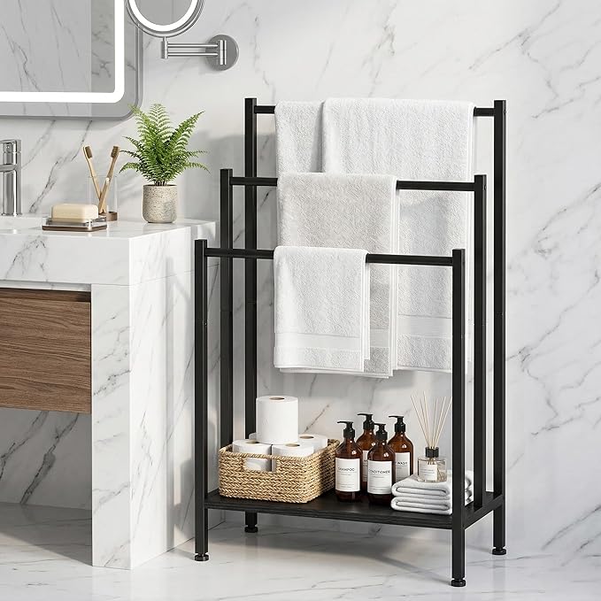 Freestanding Towel Rack, 3 Tier Metal Standing Towel Rack with Wooden Shelf, Blanket Holder and Bath Towel Drying Rack for Bathroom, Black