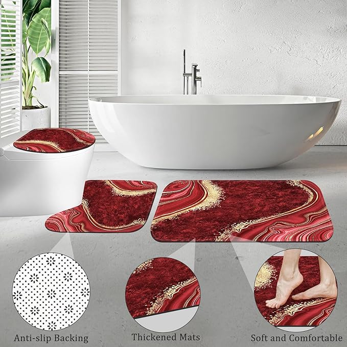 4PCS Red Marble Bathroom Sets with Shower Curtain and Rugs, Abstract Shower Curtain Sets with Rugs for Bathroom Decor, Modern Bathroom Curtains Shower Set with Toilet Lid Cover Accessories