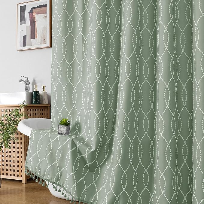 OVZME Sage Green Shower Curtain for Bathroom, Puff Printed Textured Shower Curtain with Tassels, Rustic Geometry Heavy Duty Vintage Country Bathroom Curtain, Water Resistant Fabric, 72Wx72L Inches