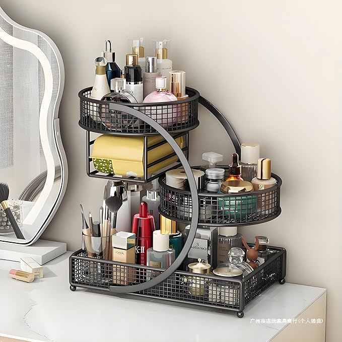 Growsun 3-Tier Varnished Metal Cosmetic Organizer with Tissue Box Holder, Black