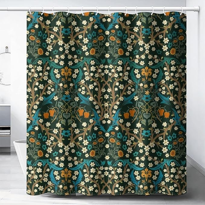 Mid Century Vintage Daisy Waterproof Fabric Shower Curtain,Green Garden Flower William Morris Abstract Art Soft Hotel Quality Cloth Shower Light-Weight & Machine Washable - 72L x72W