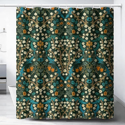 Mid Century Vintage Daisy Waterproof Fabric Shower Curtain,Green Garden Flower William Morris Abstract Art Soft Hotel Quality Cloth Shower Light-Weight & Machine Washable - 72L x72W