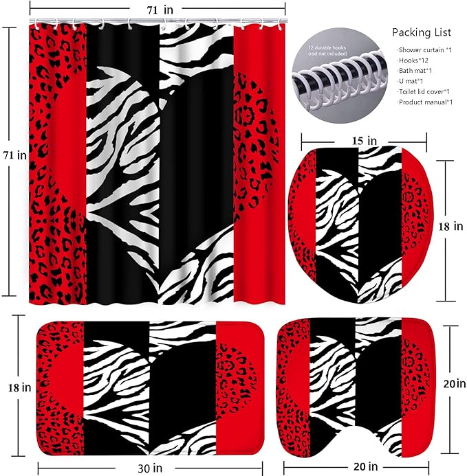 Poedist 4 Pcs Bathroom Curtain Set, Red Leopard Print Shower Curtains with Bright Style, Rugs (Bath Mat, U Shape, Toilet Lid Cover Mat) and 12 Hooks