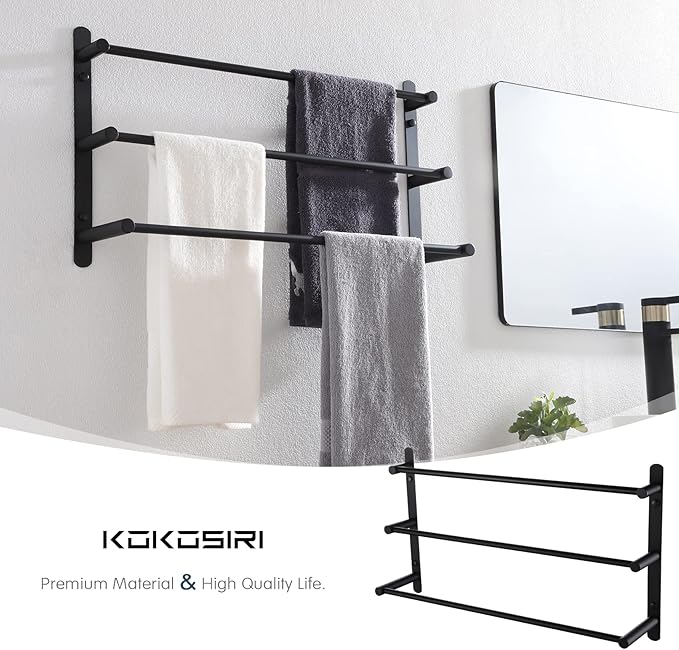 KOKOSIRI Bath Towel Bars Matte Black Bathroom 3-Tiers Ladder Towel Rails Wall Mounted Towels Shelves Rack Stainless Steel, B5002BK-L24