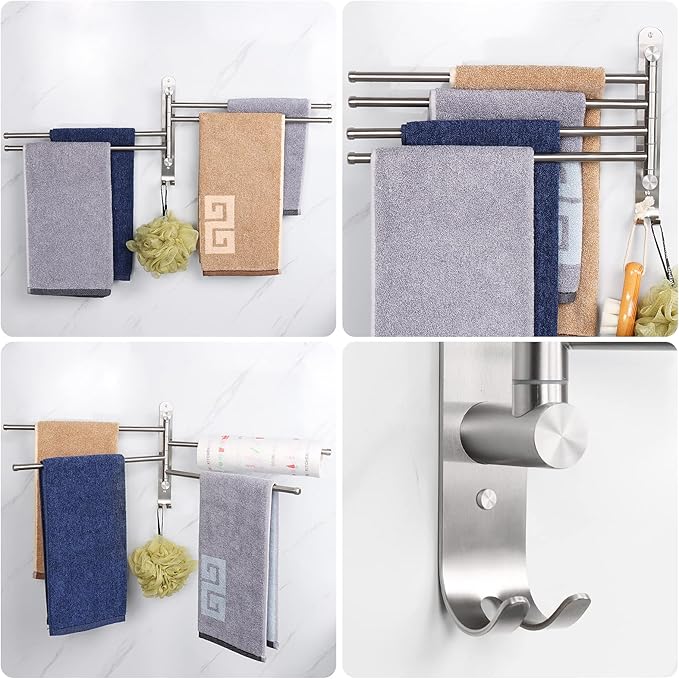 NearMoon Swivel Towel Rack, 13.8" Thicken 304 Stainless Steel 4-Arm Towel Bar, Space Saving Wall Mounted Towel Holder with Hook, Rustproof Swing Out Towel Hanger for Bathroom, Kitchen (Brushed Nickel)