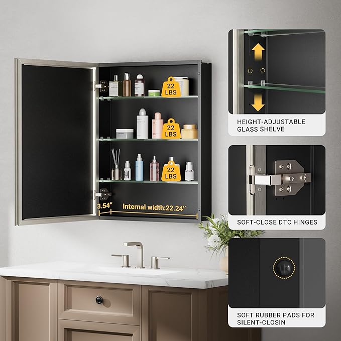 Pre-Assembled Surface or Recessed Medicine Cabinet Mirror-24x30 Brushed Nickel Bathroom Medicine Cabinet with Mirror & Rustproof Aluminum Frame, Beveled Bathroom Vanity Mirror with Storage