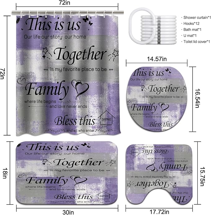Lnond 4Pcs Bathroom Shower Curtain Sets with Rugs, Purple Grey Motivational Home Family Bathroom Sets with Shower Curtain and Rugs and Accessories