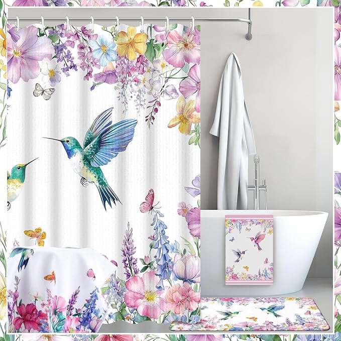 Nuanchu 6 Pcs Spring Shower Curtain Set with Rug Hummingbird Bathroom Sets with Shower Curtain Bath Mat U Shaped Mat Toilet Lid Cover 2 Bath Towels and 12 Hooks Hummingbird Flower Bathroom Decor