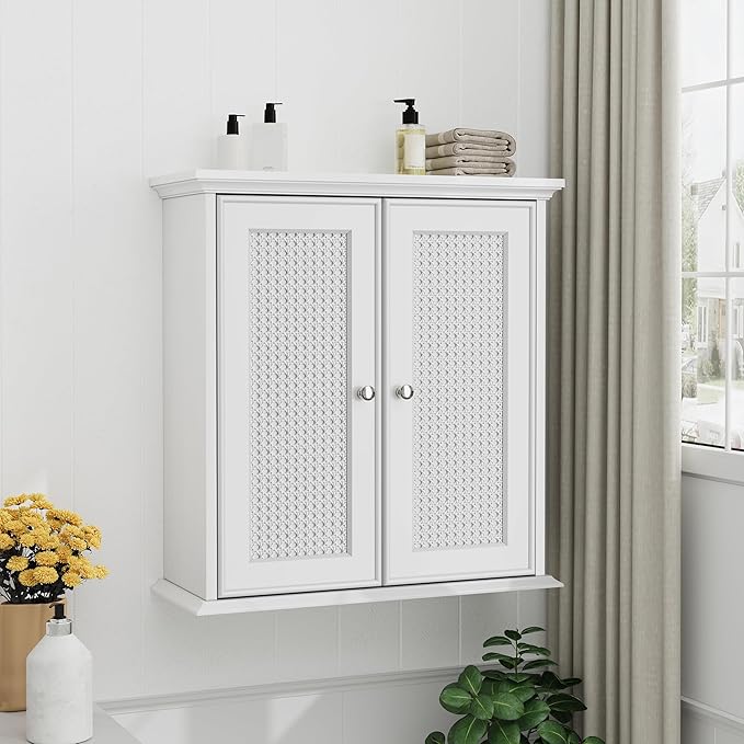 Smuxee White Bathroom Medicine Cabinet, Wall Mounted with Rattan Doors, 22.1" W x 23.6" H x 8.6" D, Adjustable Shelves, Wall Cabinet Over Toilet for Laundry Room Kitchen