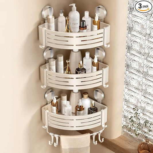 VOLPONE Corner Shower Caddy Suction Cup Shower Shelf Corner No Drilling Bathroom Shower Organizer Storage Rack Adhesive with Towel Bar Hooks(3-Pack, Ivory)